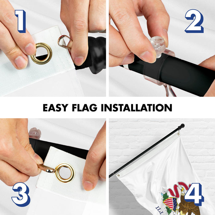 G128 Combo Pack: 6 Ft Tangle Free Spinning Flagpole (Black) & Illinois Flag 3x5 Ft Printed 150D Polyester, Brass Grommets (Flag Included) Aluminum Flag Pole