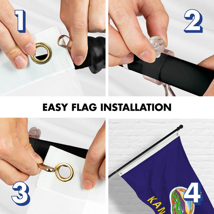 G128 Combo Pack: 6 Ft Tangle Free Spinning Flagpole (Black) & Kansas Flag 3x5 Ft Printed 300D Polyester, Brass Grommets (Flag Included) Aluminum Flag Pole