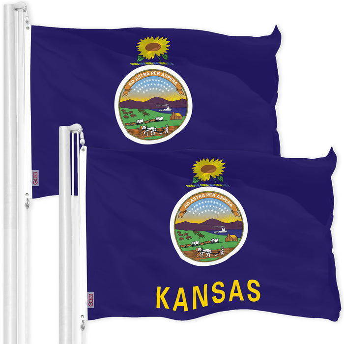 G128 2 Pack: Kansas KS State Flag | 3x5 Ft | Printed 150D Polyester - Indoor/Outdoor, Vibrant Colors, Brass Grommets, Quality Polyester, Much Thicker More Durable Than 100D 75D Polyester