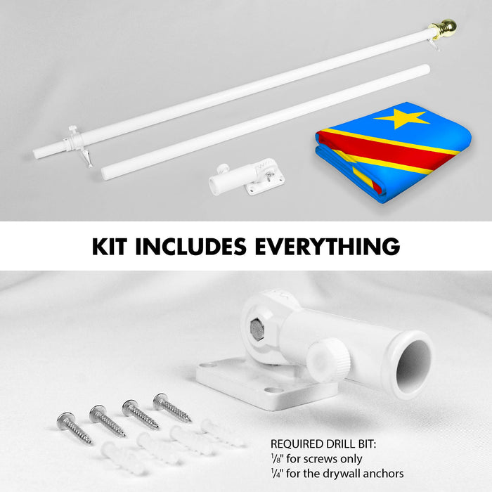G128 Combo Pack: 6 Ft Tangle Free Spinning Flagpole (White) & Democratic Republic of the Congo Flag 3x5 Ft Printed 150D Polyester, Brass Grommets (Flag Included) Aluminum Flag Pole