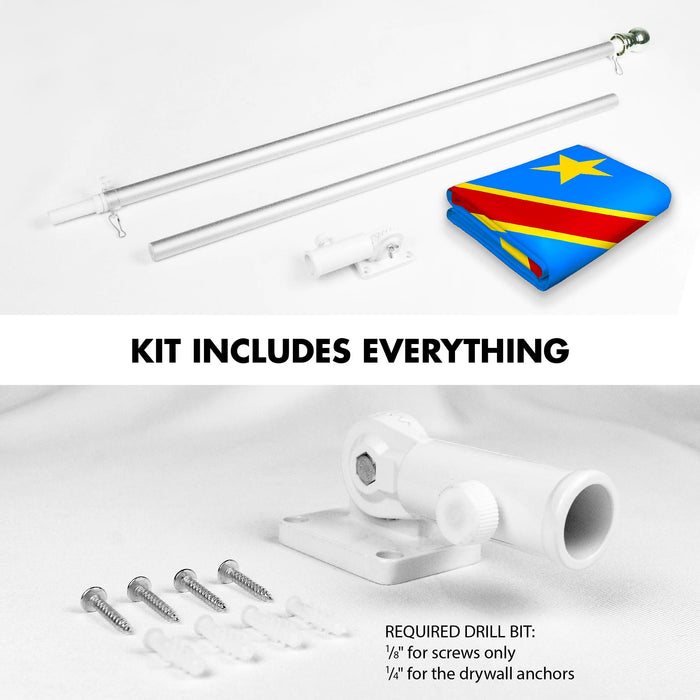 G128 Combo Pack: 6 Ft Tangle Free Spinning Flagpole (Silver) & Democratic Republic of the Congo Flag 3x5 Ft Printed 150D Polyester, Brass Grommets (Flag Included) Aluminum Flag Pole