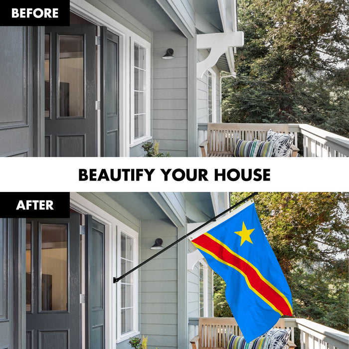G128 Combo Pack: 6 Ft Tangle Free Spinning Flagpole (Black) & Democratic Republic of the Congo Flag 3x5 Ft Printed 150D Polyester, Brass Grommets (Flag Included) Aluminum Flag Pole