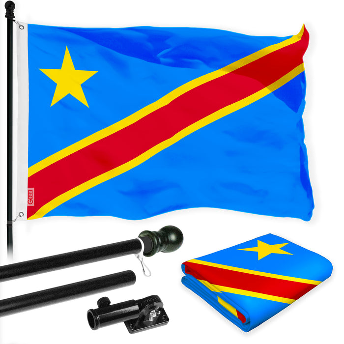 G128 Combo Pack: 6 Ft Tangle Free Spinning Flagpole (Black) & Democratic Republic of the Congo Flag 3x5 Ft Printed 150D Polyester, Brass Grommets (Flag Included) Aluminum Flag Pole