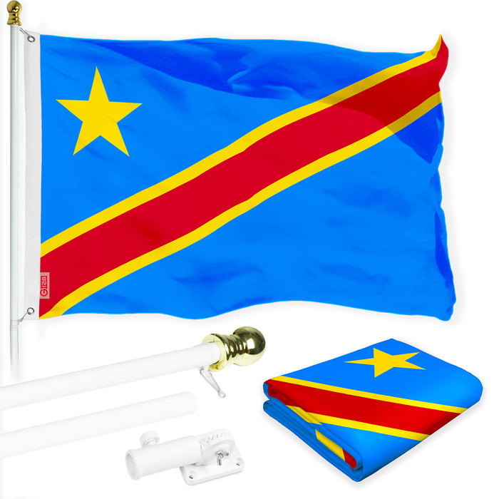 G128 Combo Pack: 6 Ft Tangle Free Spinning Flagpole (White) & Democratic Republic of the Congo Flag 3x5 Ft Printed 150D Polyester, Brass Grommets (Flag Included) Aluminum Flag Pole