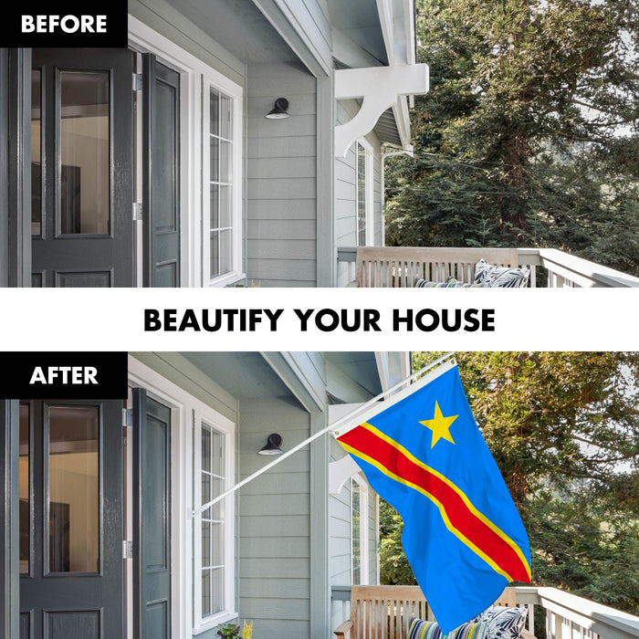 G128 Combo Pack: 6 Ft Tangle Free Spinning Flagpole (White) & Democratic Republic of the Congo Flag 3x5 Ft Printed 150D Polyester, Brass Grommets (Flag Included) Aluminum Flag Pole