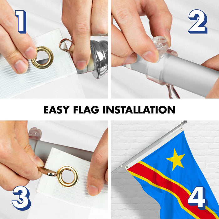 G128 Combo Pack: 6 Ft Tangle Free Spinning Flagpole (Silver) & Democratic Republic of the Congo Flag 3x5 Ft Printed 150D Polyester, Brass Grommets (Flag Included) Aluminum Flag Pole