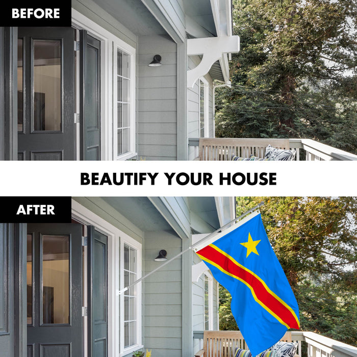 G128 Combo Pack: 6 Ft Tangle Free Spinning Flagpole (Silver) & Democratic Republic of the Congo Flag 3x5 Ft Printed 150D Polyester, Brass Grommets (Flag Included) Aluminum Flag Pole