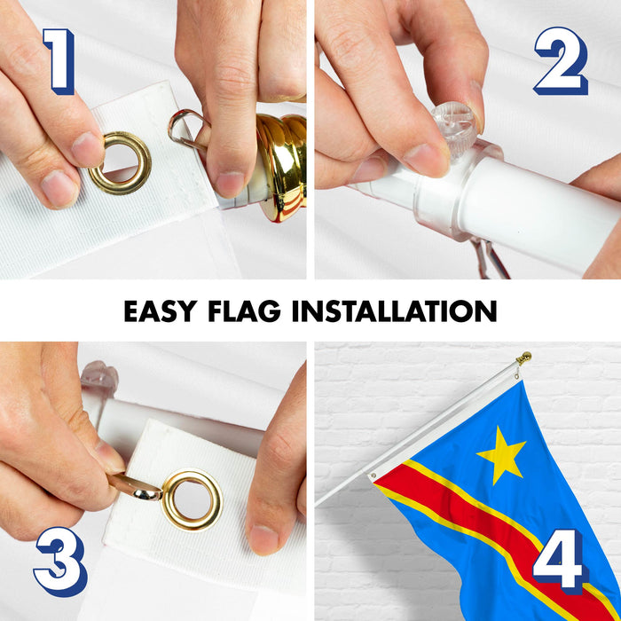 G128 Combo Pack: 6 Ft Tangle Free Spinning Flagpole (White) & Democratic Republic of the Congo Flag 3x5 Ft Printed 150D Polyester, Brass Grommets (Flag Included) Aluminum Flag Pole
