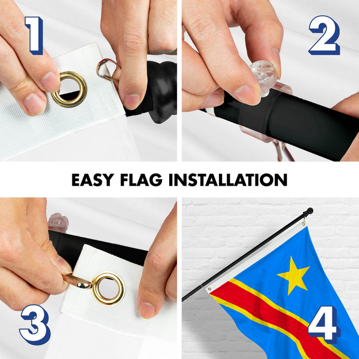 G128 Combo Pack: 6 Ft Tangle Free Spinning Flagpole (Black) & Democratic Republic of the Congo Flag 3x5 Ft Printed 150D Polyester, Brass Grommets (Flag Included) Aluminum Flag Pole