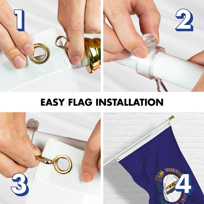G128 Combo Pack: 6 Ft Tangle Free Spinning Flagpole (White) & Kentucky Flag 3x5 Ft Printed 150D Polyester, Brass Grommets (Flag Included) Aluminum Flag Pole