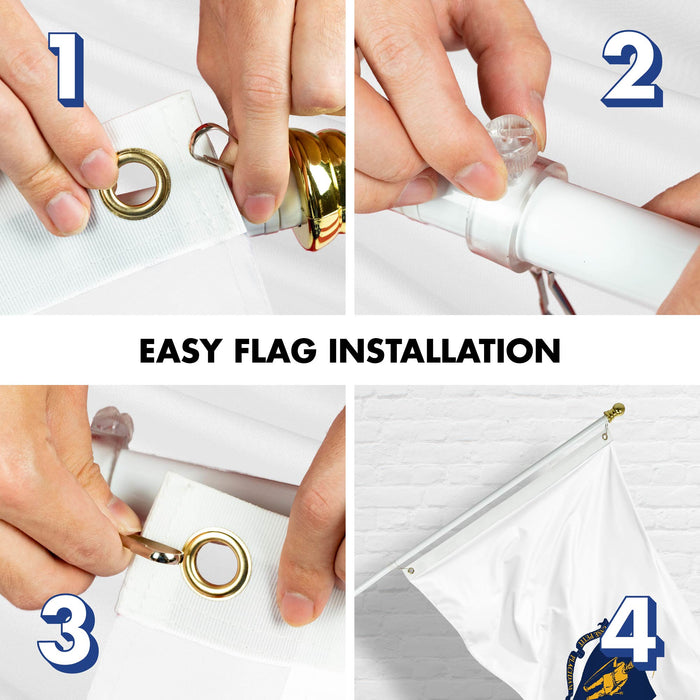 G128 Combo Pack: 6 Ft Tangle Free Spinning Flagpole (White) & Massachusetts Flag 3x5 Ft Printed 150D Polyester, Brass Grommets (Flag Included) Aluminum Flag Pole