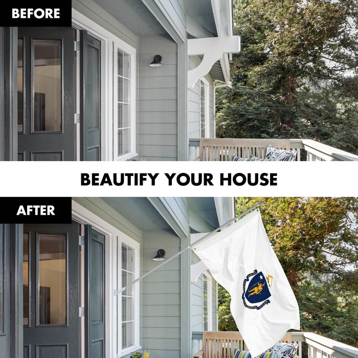 G128 Combo Pack: 6 Ft Tangle Free Spinning Flagpole (Silver) & Massachusetts Flag 3x5 Ft Printed 150D Polyester, Brass Grommets (Flag Included) Aluminum Flag Pole