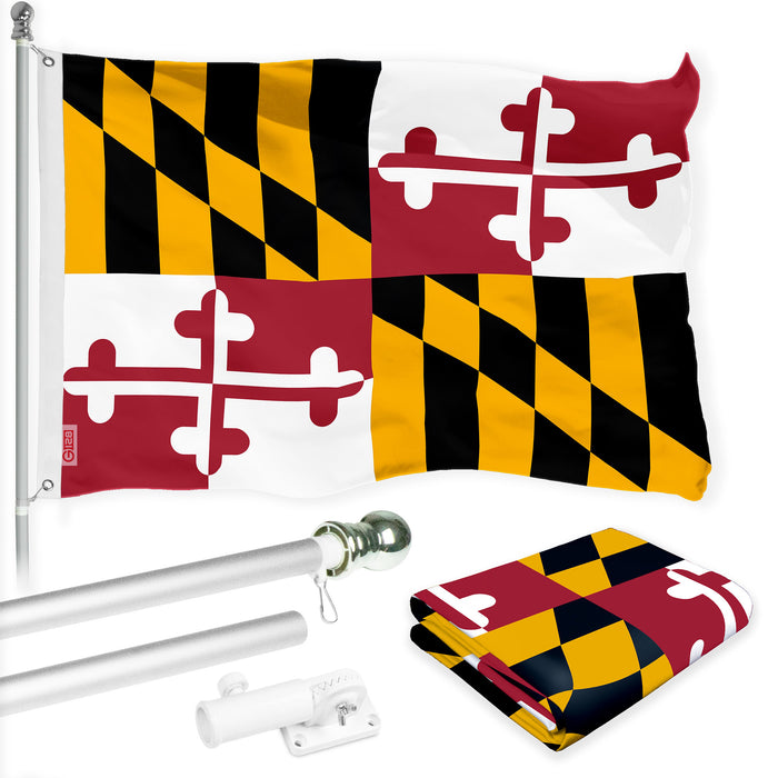 G128 Combo Pack: 6 Ft Tangle Free Spinning Flagpole (Silver) & Maryland Flag 3x5 Ft Printed 150D Polyester, Brass Grommets (Flag Included) Aluminum Flag Pole