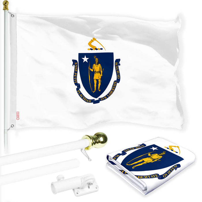 G128 Combo Pack: 6 Ft Tangle Free Spinning Flagpole (White) & Massachusetts Flag 3x5 Ft Printed 150D Polyester, Brass Grommets (Flag Included) Aluminum Flag Pole