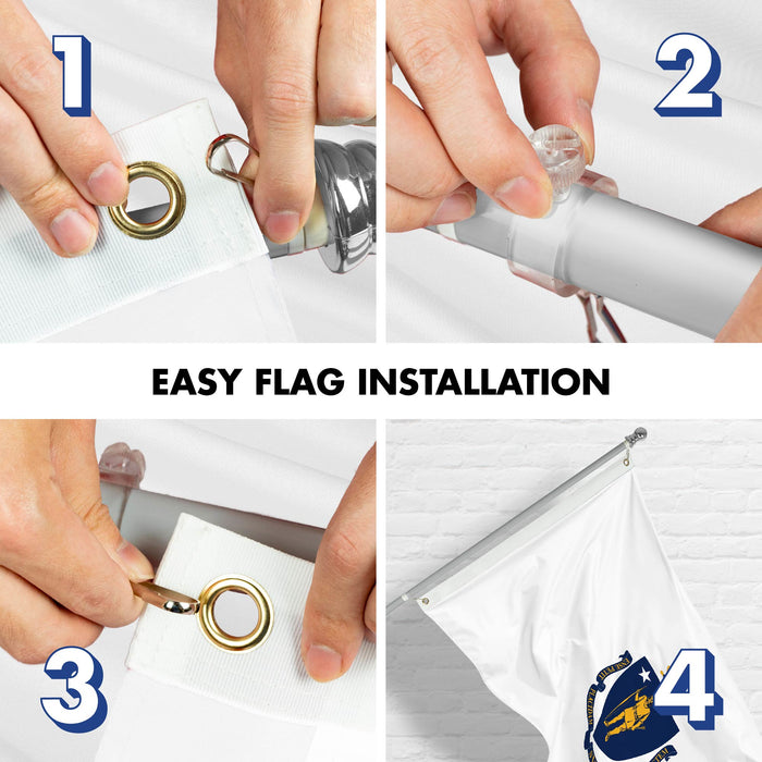 G128 Combo Pack: 6 Ft Tangle Free Spinning Flagpole (Silver) & Massachusetts Flag 3x5 Ft Printed 150D Polyester, Brass Grommets (Flag Included) Aluminum Flag Pole