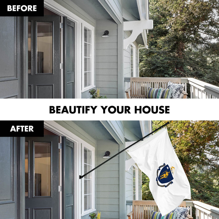 G128 Combo Pack: 6 Ft Tangle Free Spinning Flagpole (Black) & Massachusetts Flag 3x5 Ft Printed 150D Polyester, Brass Grommets (Flag Included) Aluminum Flag Pole