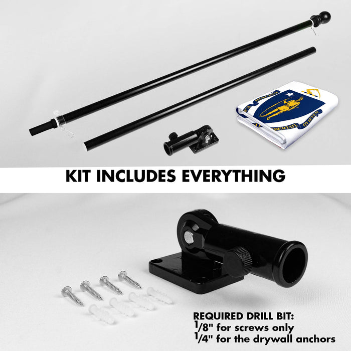 G128 Combo Pack: 6 Ft Tangle Free Spinning Flagpole (Black) & Massachusetts Flag 3x5 Ft Printed 150D Polyester, Brass Grommets (Flag Included) Aluminum Flag Pole