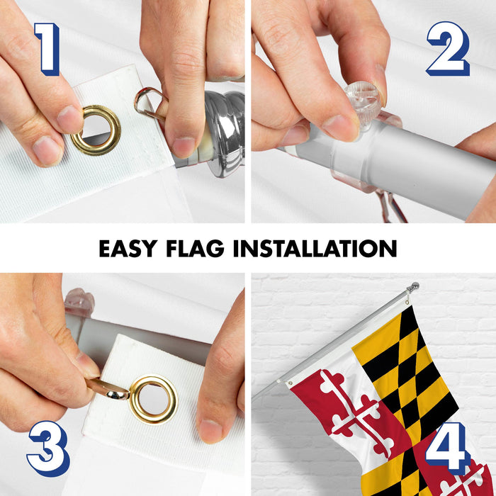 G128 Combo Pack: 6 Ft Tangle Free Spinning Flagpole (Silver) & Maryland Flag 3x5 Ft Printed 150D Polyester, Brass Grommets (Flag Included) Aluminum Flag Pole