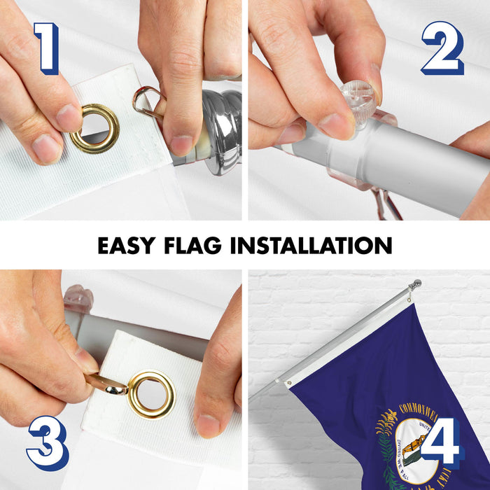 G128 Combo Pack: 6 Ft Tangle Free Spinning Flagpole (Silver) & Kentucky Flag 3x5 Ft Printed 150D Polyester, Brass Grommets (Flag Included) Aluminum Flag Pole
