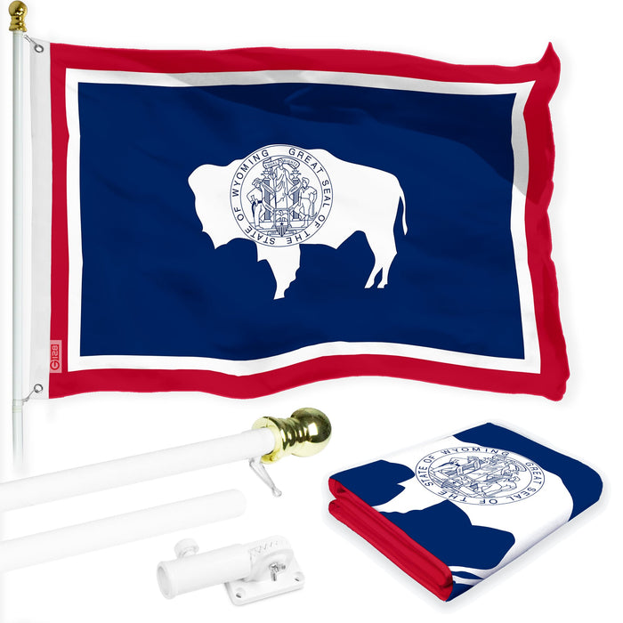 G128 Combo Pack: 6 Ft Tangle Free Spinning Flagpole (White) & Wyoming Flag 3x5 Ft Printed 150D Polyester, Brass Grommets (Flag Included) Aluminum Flag Pole