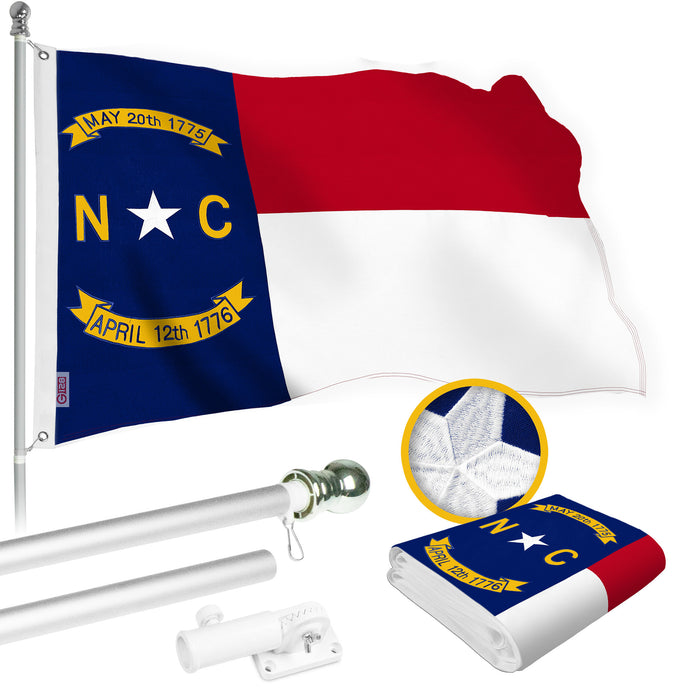 G128 Combo Pack: 6 Ft Tangle Free Spinning Flagpole (Silver) & North Carolina Flag 3x5 Ft Embroidered 220GSM Spun Polyester, Brass Grommets (Flag Included) Aluminum Flag Pole