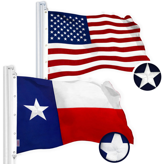 G128 Combo Pack: American USA Flag 10x15 Ft & Texas Flag 10x15 Ft, Both Embroidered SPUN Polyester, Indoor/Outdoor, Brass Grommets