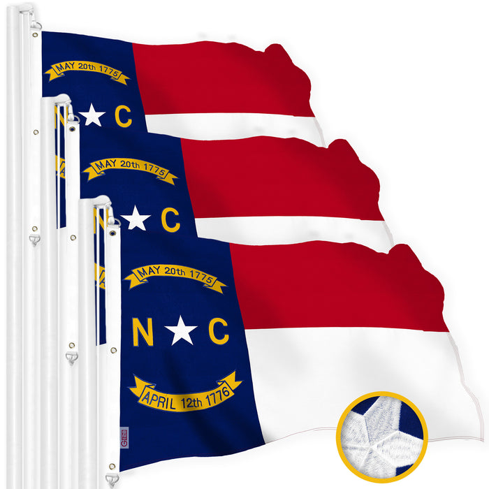 G128 3 Pack: North Carolina  | 5x8 Ft | StormFlyer Series Embroidered 220GSM Spun Polyester | Embroidered Design, Indoor/Outdoor, Brass Grommets, Heavy Duty, All Weather