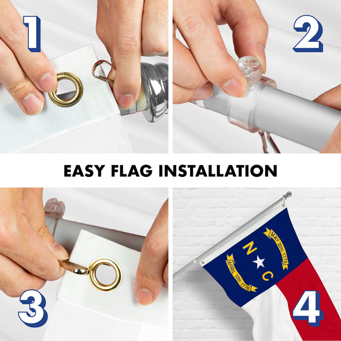 G128 Combo Pack: 6 Ft Tangle Free Spinning Flagpole (Silver) & North Carolina Flag 3x5 Ft Embroidered 220GSM Spun Polyester, Brass Grommets (Flag Included) Aluminum Flag Pole