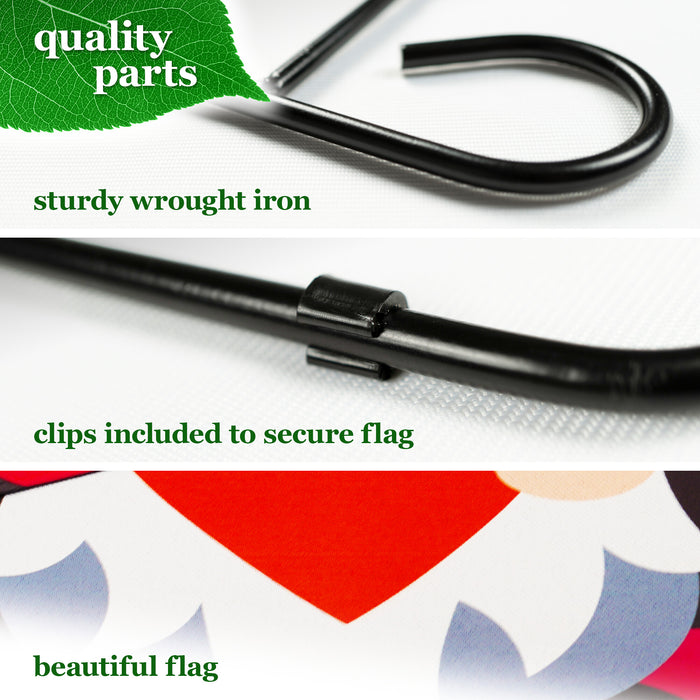 G128 Combo Pack: Garden Flag Stand Black 36 in x 16 in & Garden Flag Happy Valentine's Day Decoration Gnome Holding Red Heart 12"x"18" Blockout Fabric