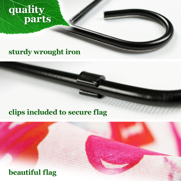G128 Combo Pack: Garden Flag Stand Black 36 in x 16 in & Garden Flag Happy Valentine's Day Decoration Gnome Holding Love Sign 12"x18" Double-Sided Blockout Fabric