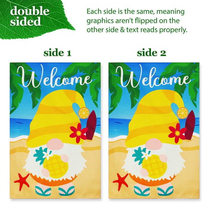 G128 Combo Pack: Garden Flag Stand Black 36 in x 16 in & Garden Flag Summer Decoration Welcome Gnome at Beach with Pineapple 12"x18" Double-Sided Blockout Fabric