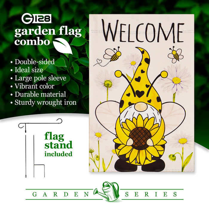 G128 Combo Pack: Garden Flag Stand Black 36 in x 16 in & Garden Flag Spring Decoration Welcome Bee Gnome with Sunflower 12"x18" Double-Sided Blockout Fabric
