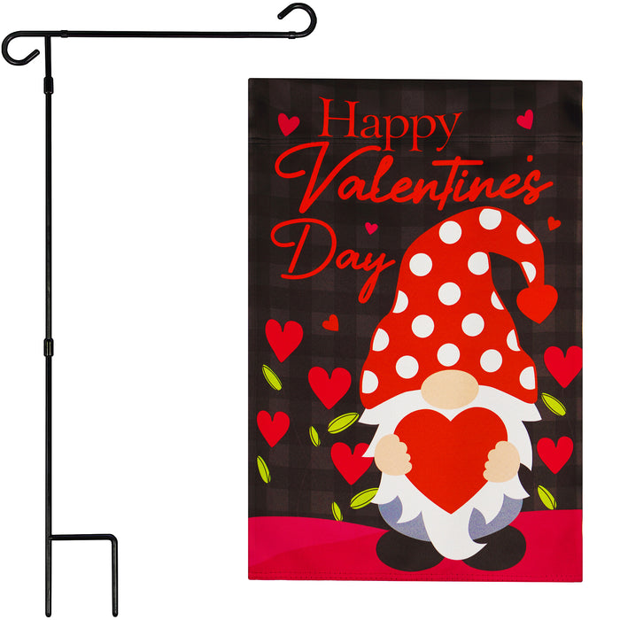 G128 Combo Pack: Garden Flag Stand Black 36 in x 16 in & Garden Flag Happy Valentine's Day Decoration Gnome Holding Red Heart 12"x"18" Blockout Fabric