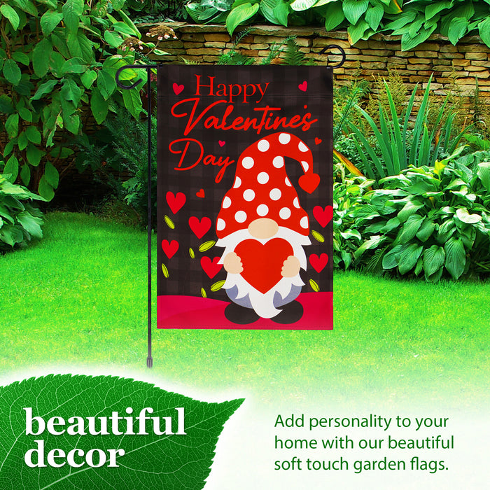 G128 Combo Pack: Garden Flag Stand Black 36 in x 16 in & Garden Flag Happy Valentine's Day Decoration Gnome Holding Red Heart 12"x"18" Blockout Fabric
