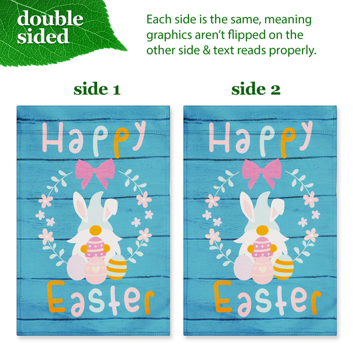 G128 Combo Pack: Garden Flag Stand Black 36 in x 16 in & Garden Flag Happy Easter Decoration Rabbit Gnome with Eggs 12"x18" Double-Sided Blockout Fabric
