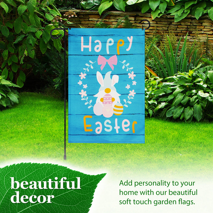 G128 Combo Pack: Garden Flag Stand Black 36 in x 16 in & Garden Flag Happy Easter Decoration Rabbit Gnome with Eggs 12"x18" Double-Sided Blockout Fabric