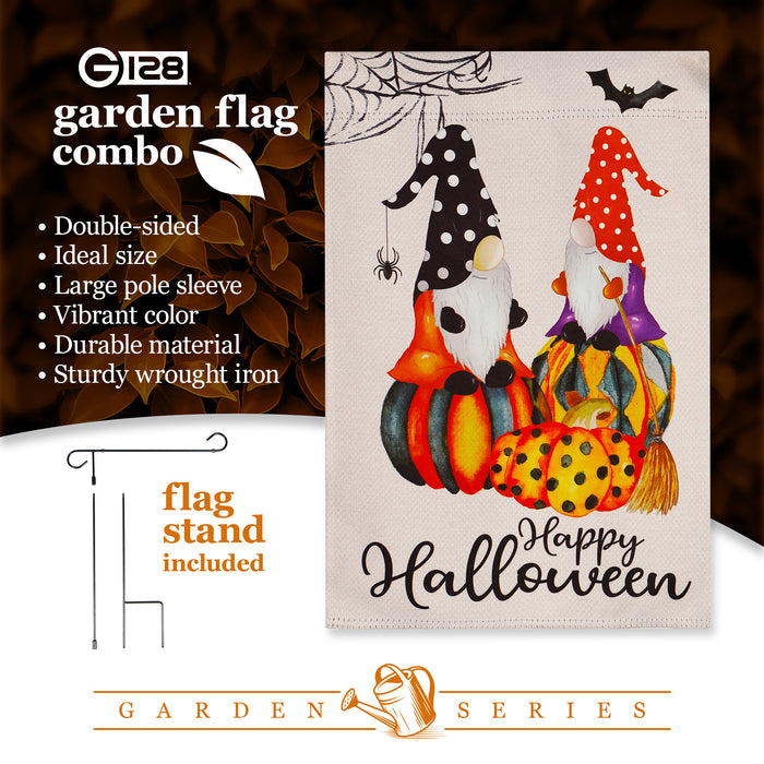 G128 Combo Pack: Garden Flag Stand Black 36 in x 16 in & Garden Flag Happy Halloween Decoration Two Witchy Gnomes 12"x18" Double-Sided Blockout Fabric