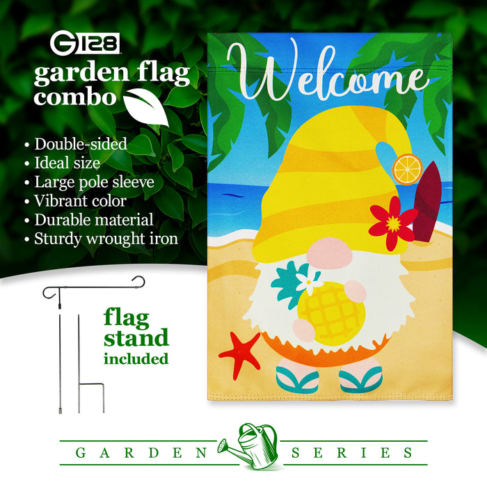 G128 Combo Pack: Garden Flag Stand Black 36 in x 16 in & Garden Flag Summer Decoration Welcome Gnome at Beach with Pineapple 12"x18" Double-Sided Blockout Fabric