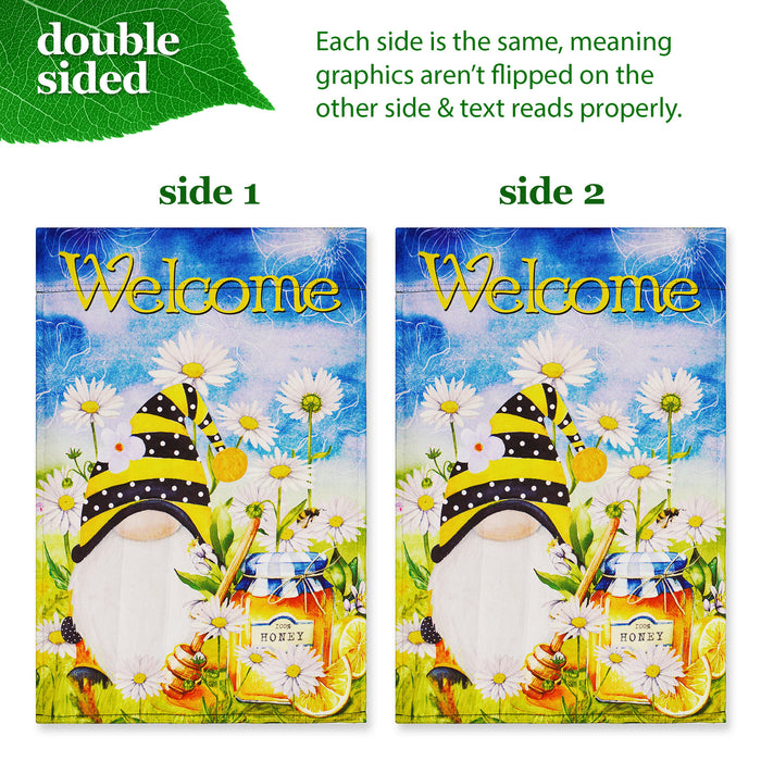 G128 Combo Pack: Garden Flag Stand Black 36 in x 16 in & Garden Flag Spring Decoration Welcome Bee Gnome with Honey 12"x18" Double-Sided Blockout Fabric