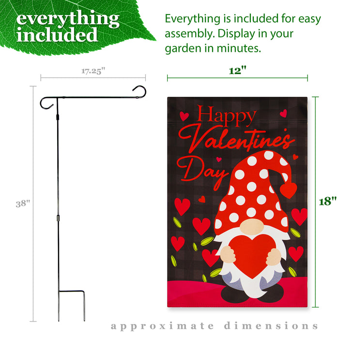 G128 Combo Pack: Garden Flag Stand Black 36 in x 16 in & Garden Flag Happy Valentine's Day Decoration Gnome Holding Red Heart 12"x"18" Blockout Fabric