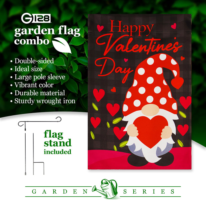 G128 Combo Pack: Garden Flag Stand Black 36 in x 16 in & Garden Flag Happy Valentine's Day Decoration Gnome Holding Red Heart 12"x"18" Blockout Fabric