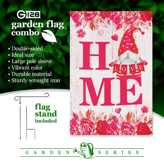 G128 Combo Pack: Garden Flag Stand Black 36 in x 16 in & Garden Flag Happy Valentine's Day Decoration Gnome Holding Love Sign 12"x18" Double-Sided Blockout Fabric