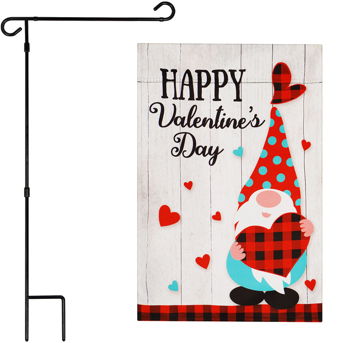 G128 Combo Pack: Garden Flag Stand Black 36 in x 16 in & Garden Flag Happy Valentine's Day Decoration Gnome Holding Plain Heart 12"x18" Double-Sided Blockout Fabric