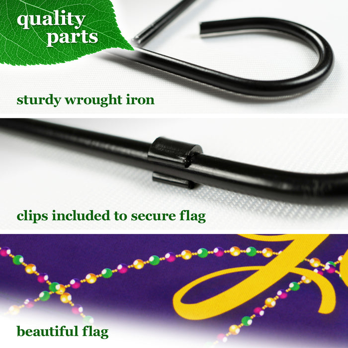 G128 Combo Pack: Garden Flag Stand Black 36 in x 16 in & Garden Flag Mardi Gras Decoration Masquerade Mask 12"x18" Double-Sided Blockout Fabric