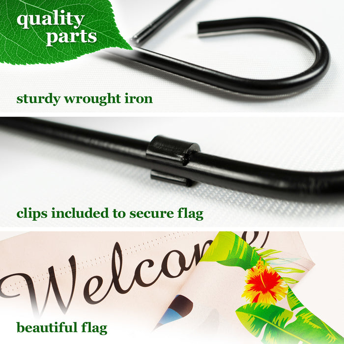G128 Combo Pack: Garden Flag Stand Black 36 in x 16 in & Garden Flag Summer Decoration Welcome Gnome with Watermelon Slice 12"x18" Double-Sided Blockout Fabric