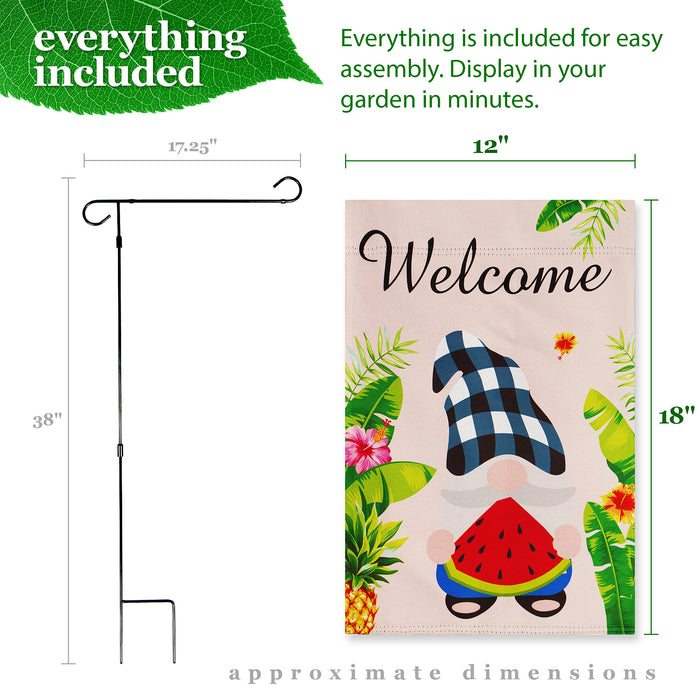 G128 Combo Pack: Garden Flag Stand Black 36 in x 16 in & Garden Flag Summer Decoration Welcome Gnome with Watermelon Slice 12"x18" Double-Sided Blockout Fabric