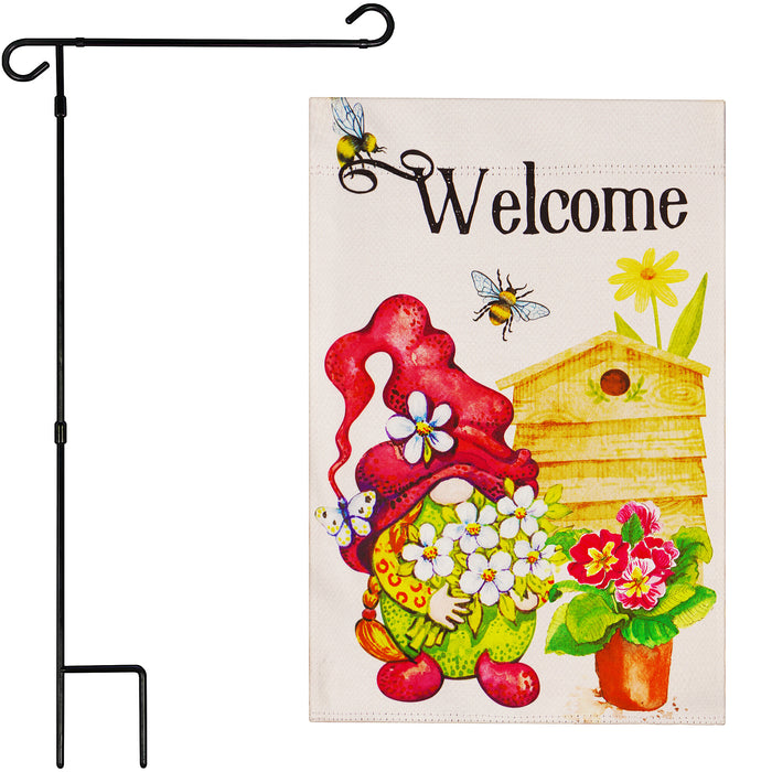 G128 Combo Pack: Garden Flag Stand Black 36 in x 16 in & Garden Flag Spring Decoration Welcome Gnome with Flowers 12"x18" Double-Sided Blockout Fabric