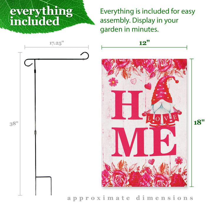 G128 Combo Pack: Garden Flag Stand Black 36 in x 16 in & Garden Flag Happy Valentine's Day Decoration Gnome Holding Love Sign 12"x18" Double-Sided Blockout Fabric
