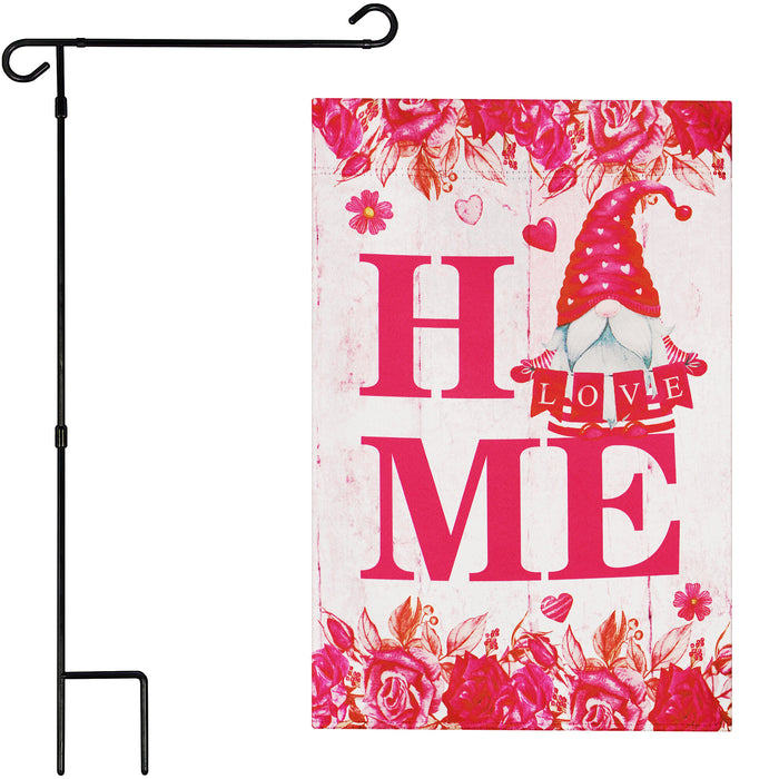 G128 Combo Pack: Garden Flag Stand Black 36 in x 16 in & Garden Flag Happy Valentine's Day Decoration Gnome Holding Love Sign 12"x18" Double-Sided Blockout Fabric