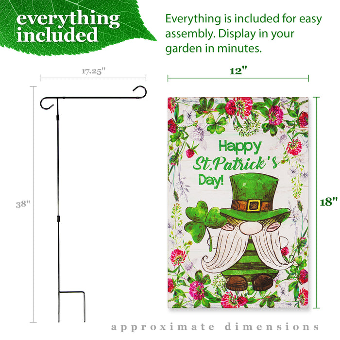 G128 Combo Pack: Garden Flag Stand Black 36 in x 16 in & Garden Flag Happy St. Patrick's Day Decoration Decoration Leprechaun Gnome 12"x18" Double-Sided Blockout Fabric